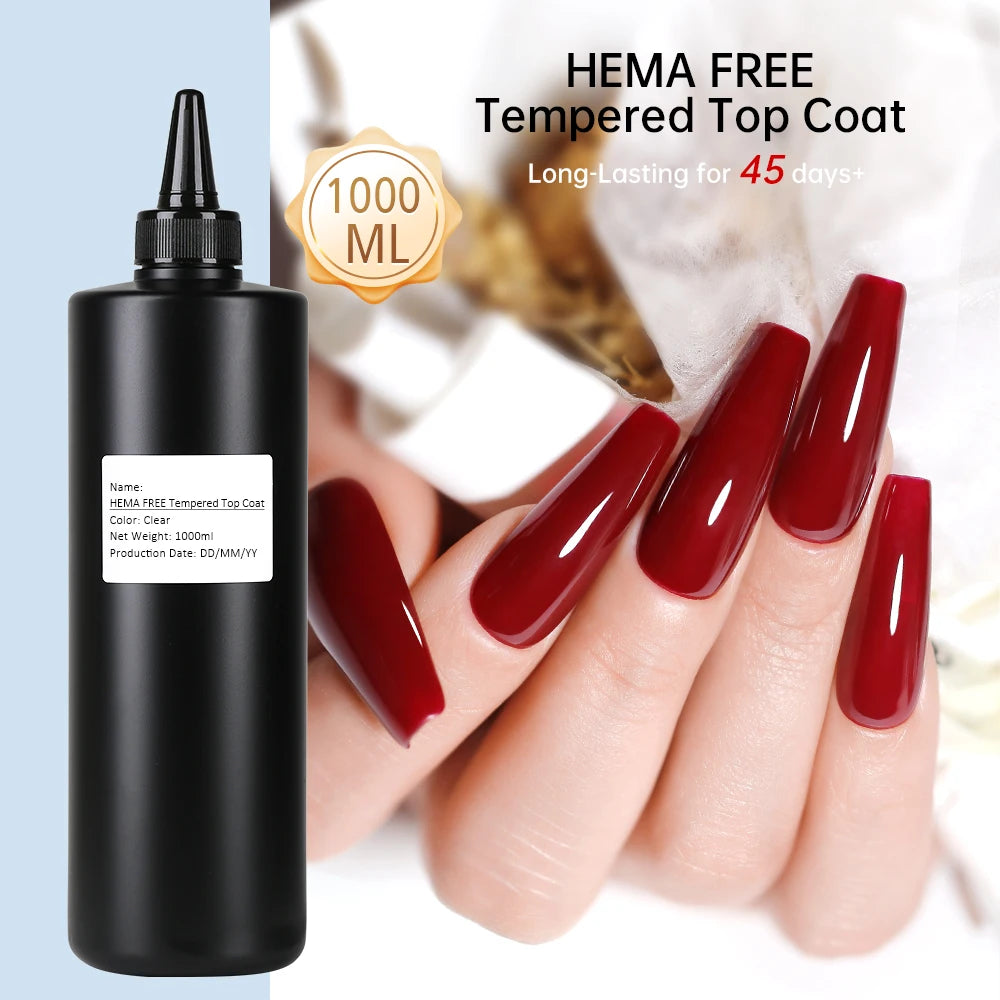1000ML Super Shiny HEMA FREE Top Coat Base Coat Nail Art Gel Varnish Semi Permanent No Wipe UV Gel Varnish Clear Tempered Top