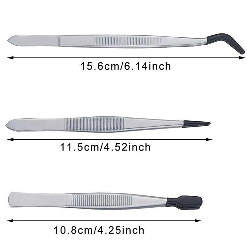 ABCD 3 Pieces Tweezers with Rubber Tips Tweezers PVC Coated Tweezers Set, Rubber Straight and Flat Tip Tweezers Black