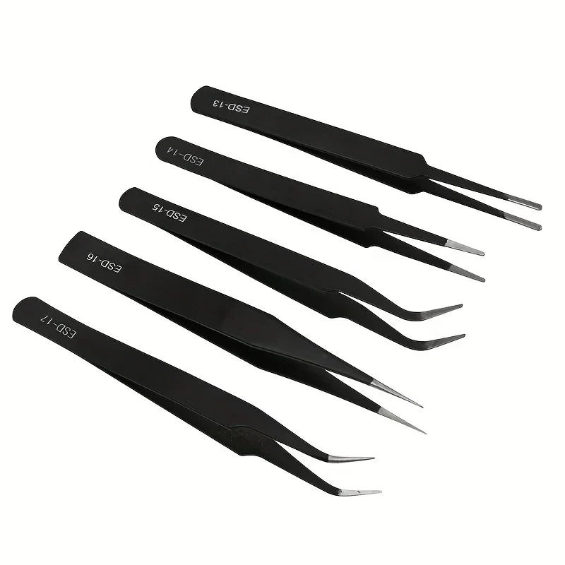 Precision ESD anti-static tweezers set -6-pc durable stainless steel tool for electronic repair and process modeling, bending&St