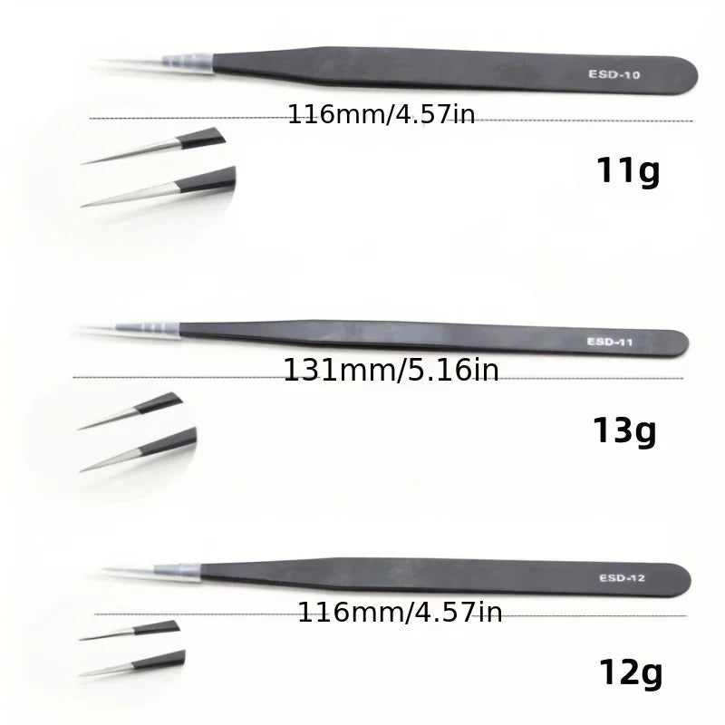Precision ESD anti-static tweezers set -6-pc durable stainless steel tool for electronic repair and process modeling, bending&St