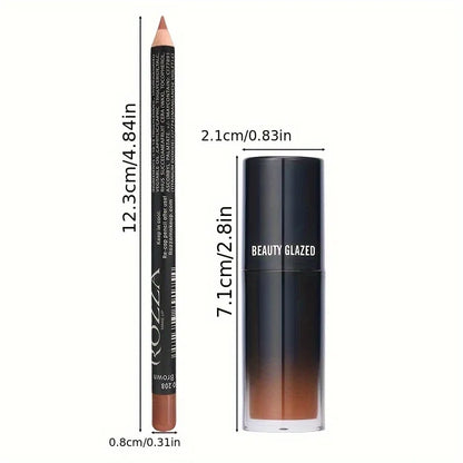 2pcs/Set Smooth Lip Liner+Lip Oil Set Lip Combo Waterproof Lip Liner  Makeup, Long-Lasting Moisturizing Lip Makeup Lip Plump