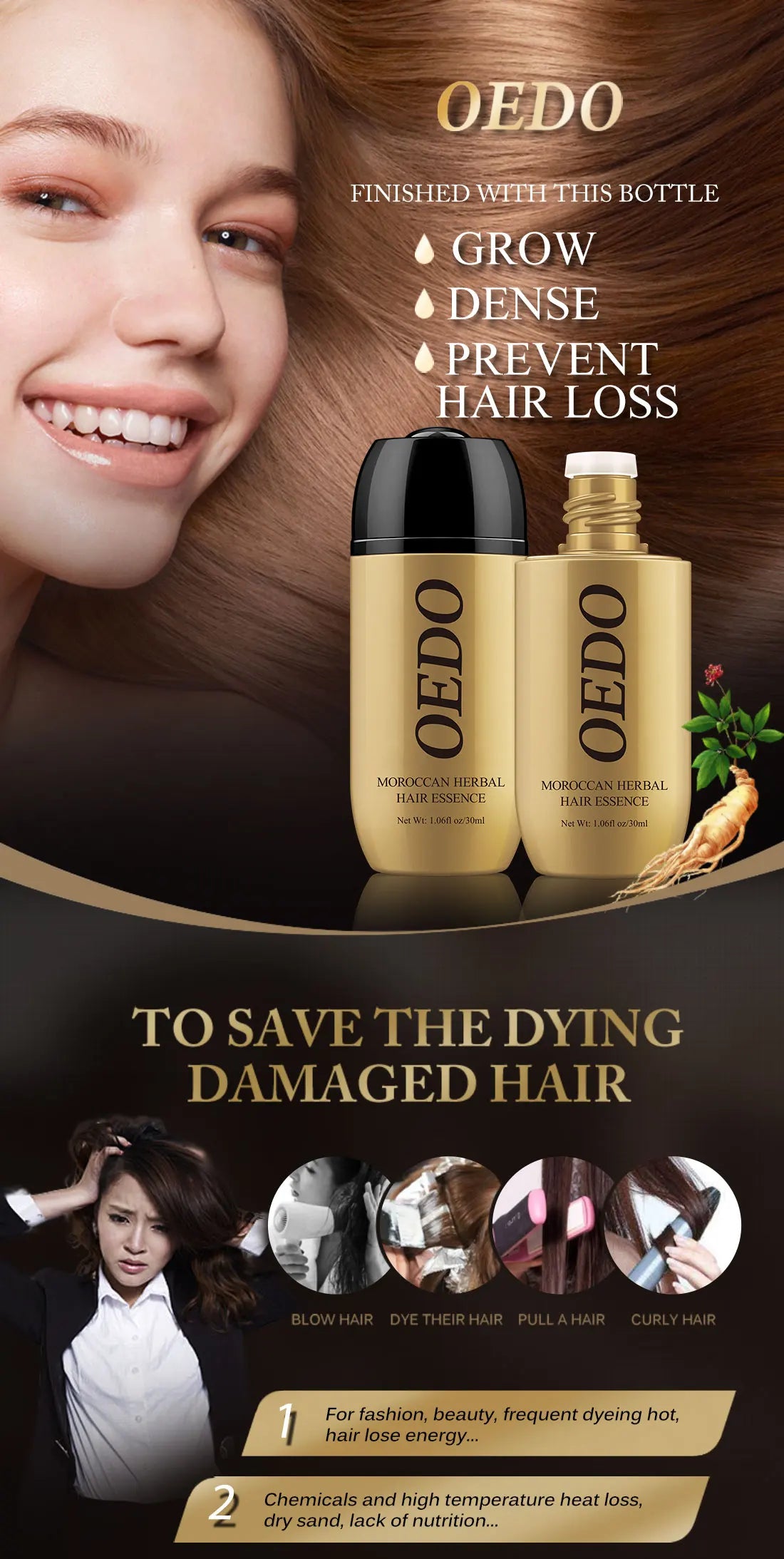 2PCS Ginseng Gloss Nourish Repair Hair Treatment Hair Loss Fast and Powerful Hair Growth Essence Hair Care