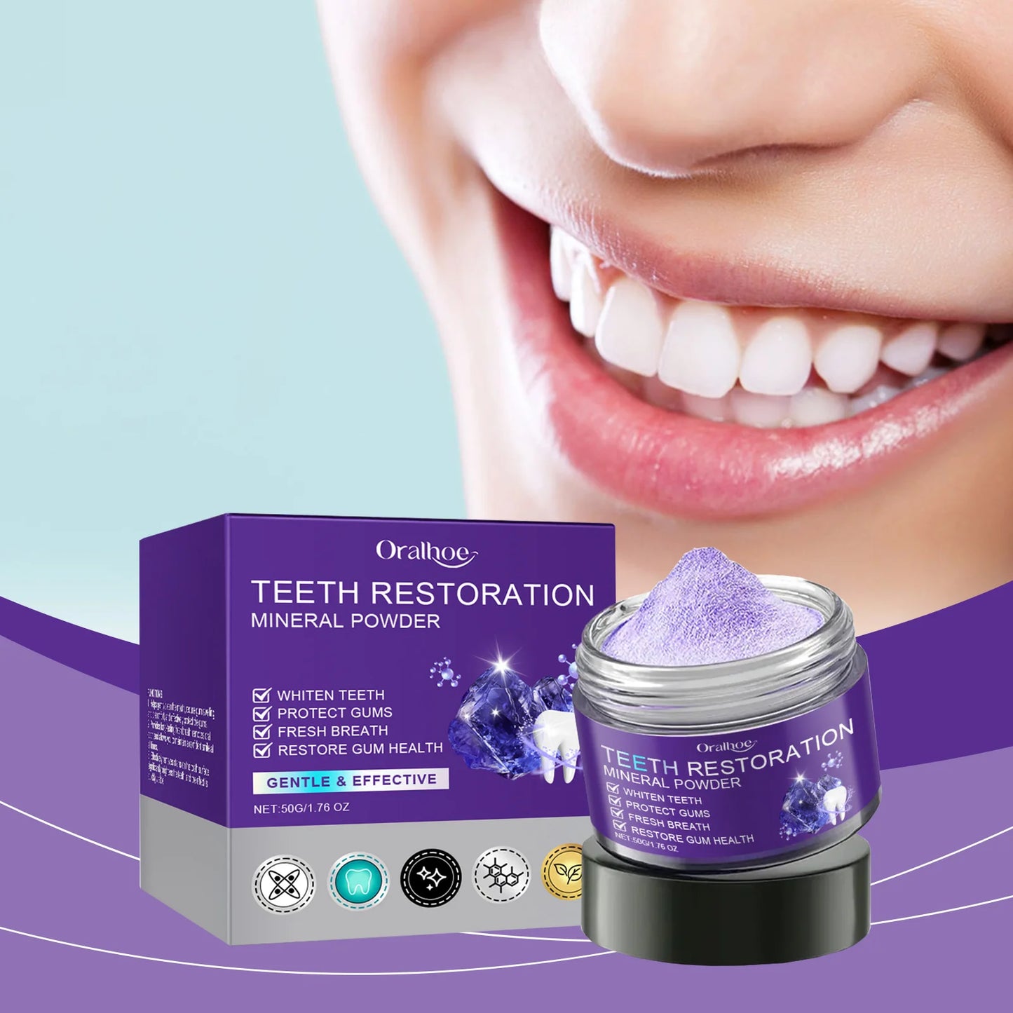 Teeth Restoration Mineral Powder Teeth Whitening Remove Stain Oral Clean Fresh Breath Improve Smell Purple Bleaching Toothpaste