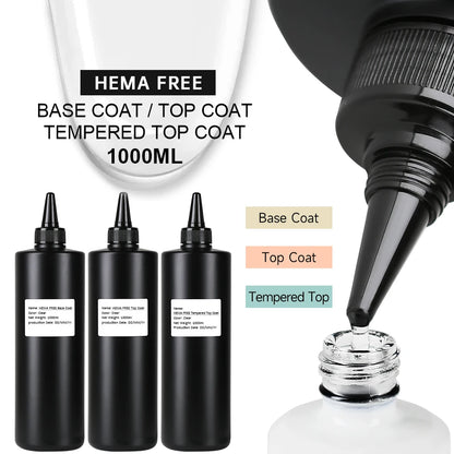 1000ML Super Shiny HEMA FREE Top Coat Base Coat Nail Art Gel Varnish Semi Permanent No Wipe UV Gel Varnish Clear Tempered Top