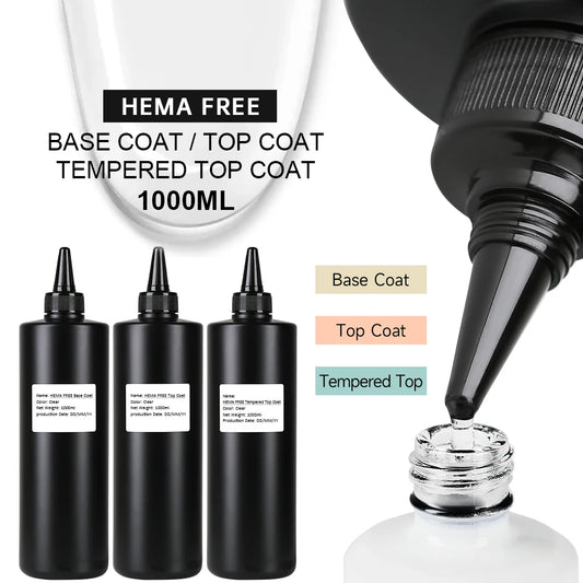 1000ML Super Shiny HEMA FREE Top Coat Base Coat Nail Art Gel Varnish Semi Permanent No Wipe UV Gel Varnish Clear Tempered Top