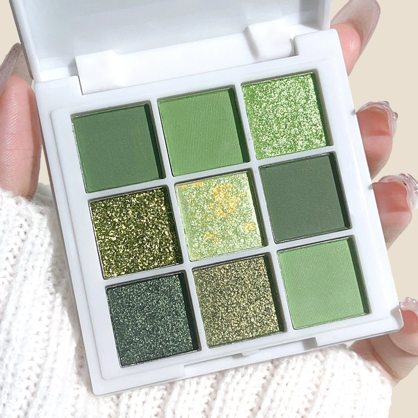 9-18 color eyeshadow palette, green and gold tones, matte and glitter effects, high color sequin eye makeup, waterproof and long