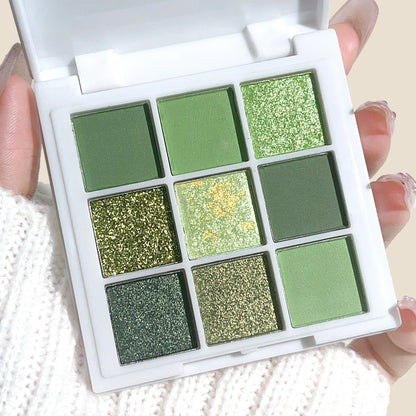 9-18 color eyeshadow palette, green and gold tones, matte and glitter effects, high color sequin eye makeup, waterproof and long