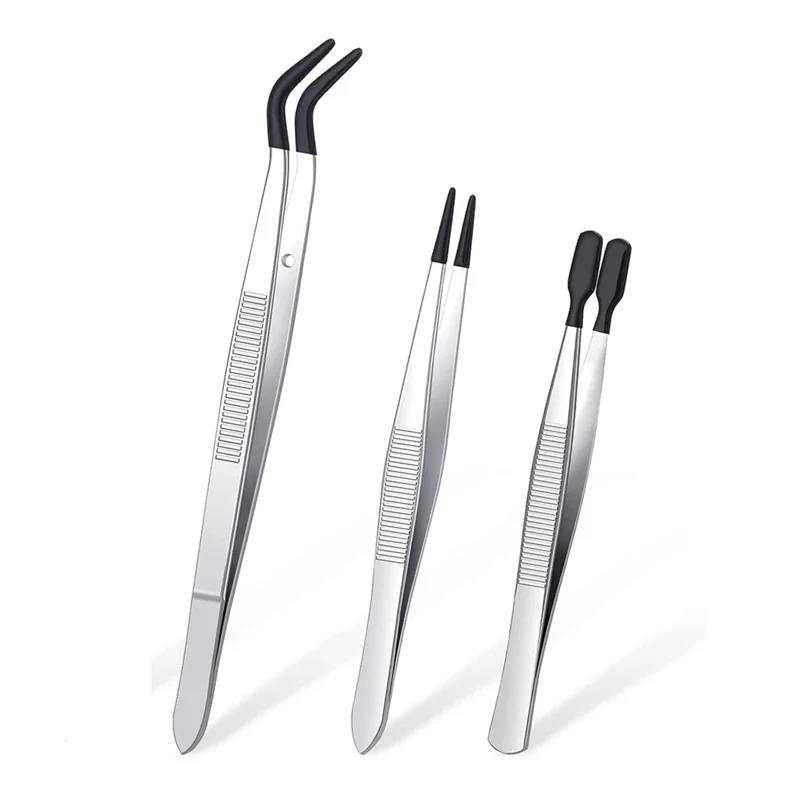 ABCD 3 Pieces Tweezers with Rubber Tips Tweezers PVC Coated Tweezers Set, Rubber Straight and Flat Tip Tweezers Black