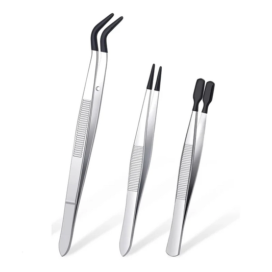 ABCD 3 Pieces Tweezers with Rubber Tips Tweezers PVC Coated Tweezers Set, Rubber Straight and Flat Tip Tweezers Black