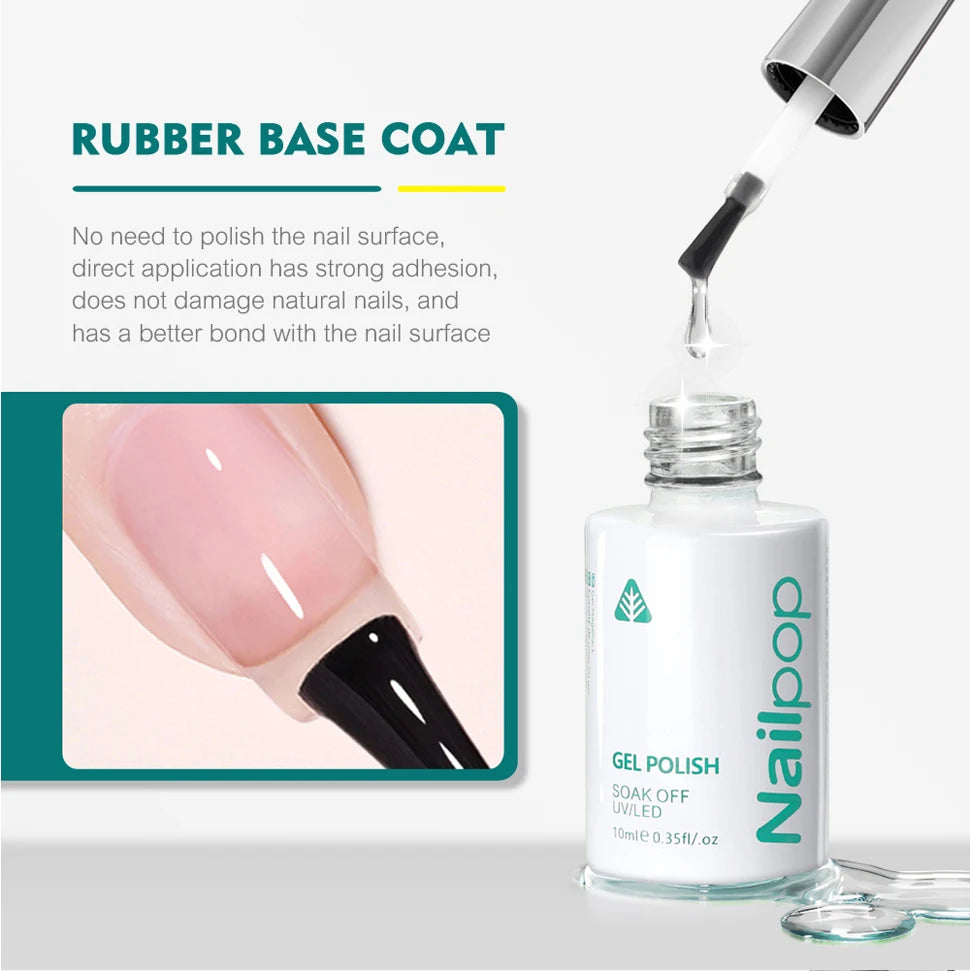 Nailpop 10ml Rubber Base Gel Top Coat Soak Off UV LED Gel Polish Nail Art Degisn Clear Long Lasting Varnish Nail Function Gel