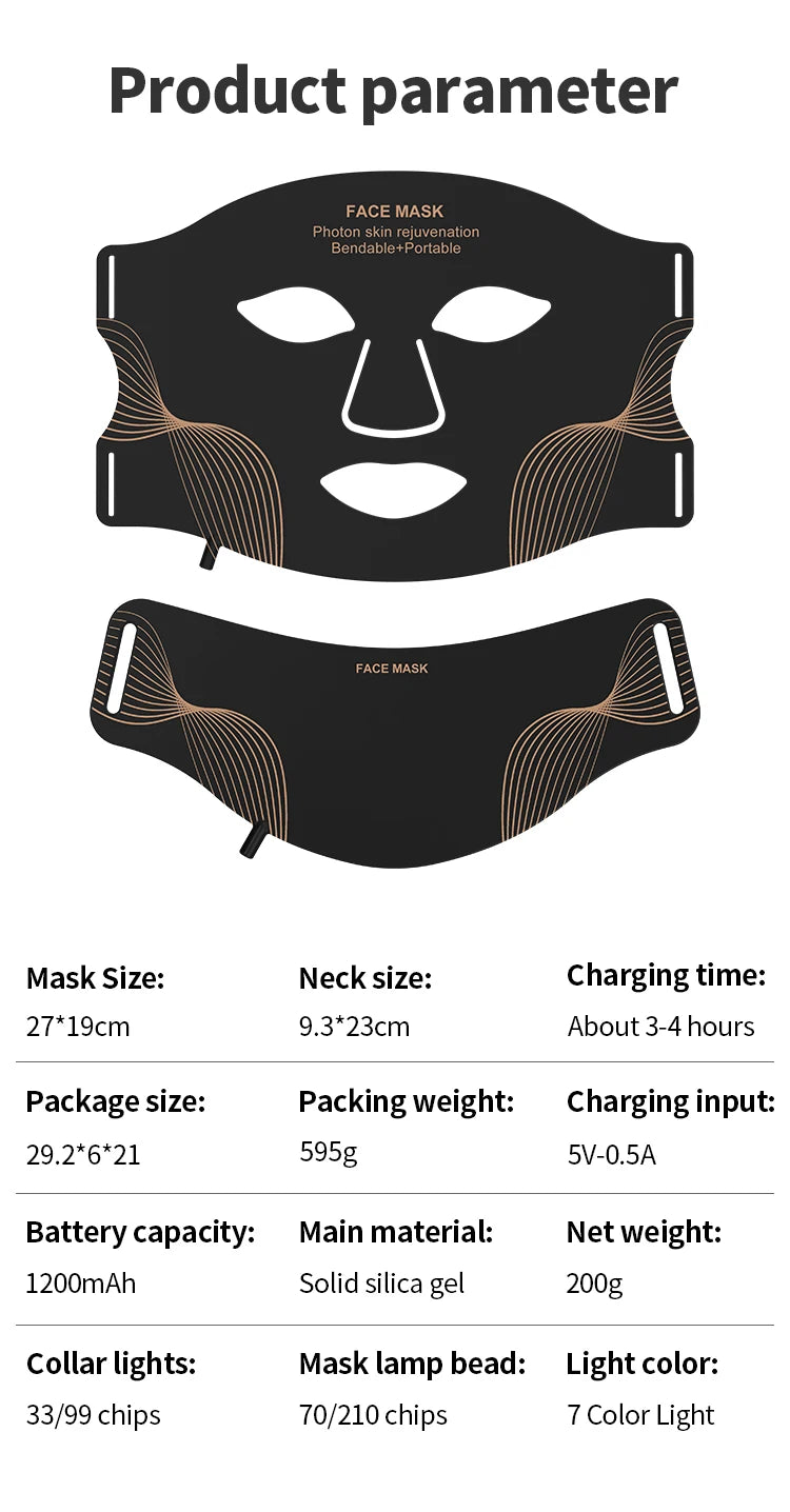 7 Color LED Face Mask with Neck - Wireless Portable Red Light Therapy for Anti-Aging, Wrinkles, Skin Rejuvenation, Home Use