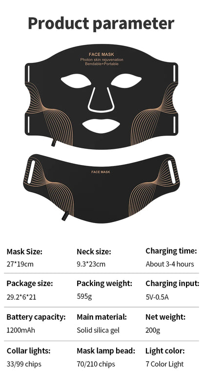 7 Color LED Face Mask with Neck - Wireless Portable Red Light Therapy for Anti-Aging, Wrinkles, Skin Rejuvenation, Home Use