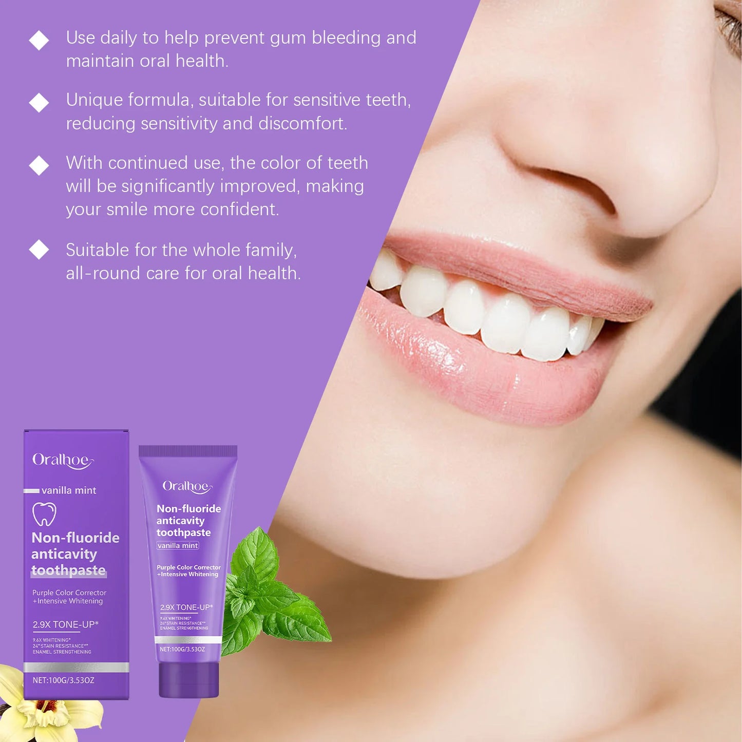 Teeth Restoration Mineral Powder Teeth Whitening Remove Stain Oral Clean Fresh Breath Improve Smell Purple Bleaching Toothpaste