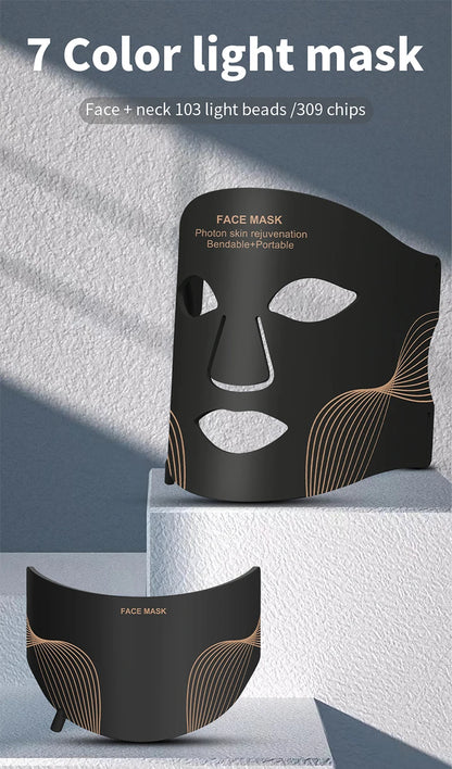 7 Color LED Face Mask with Neck - Wireless Portable Red Light Therapy for Anti-Aging, Wrinkles, Skin Rejuvenation, Home Use