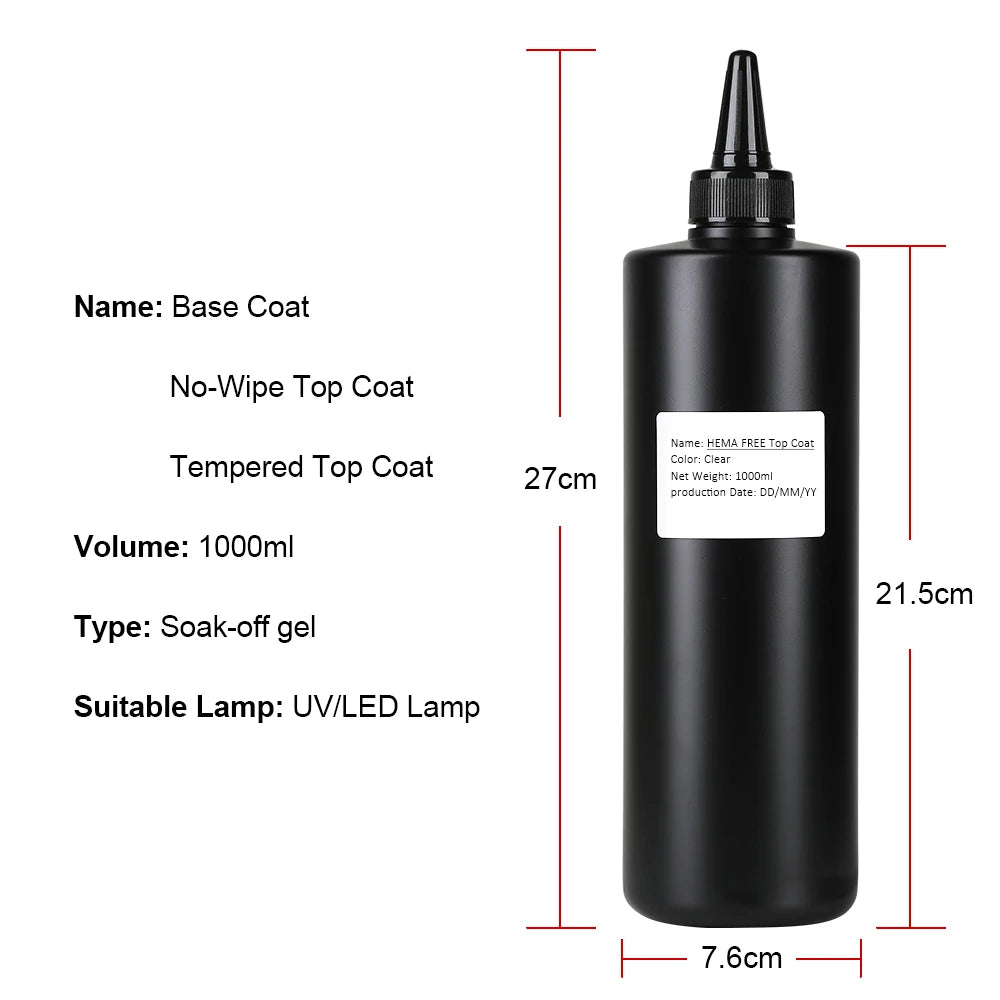 1000ML Super Shiny HEMA FREE Top Coat Base Coat Nail Art Gel Varnish Semi Permanent No Wipe UV Gel Varnish Clear Tempered Top