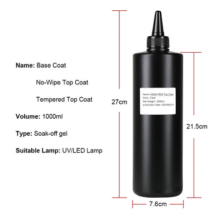 1000ML Super Shiny HEMA FREE Top Coat Base Coat Nail Art Gel Varnish Semi Permanent No Wipe UV Gel Varnish Clear Tempered Top