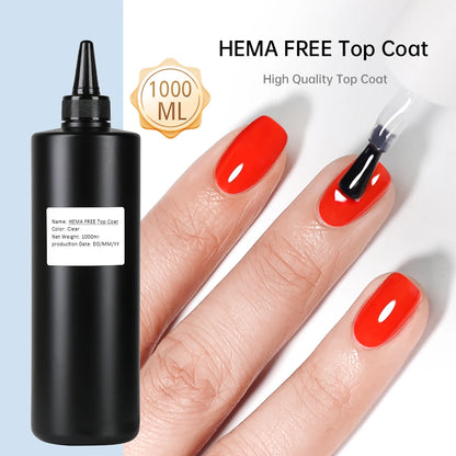 1000ML Super Shiny HEMA FREE Top Coat Base Coat Nail Art Gel Varnish Semi Permanent No Wipe UV Gel Varnish Clear Tempered Top