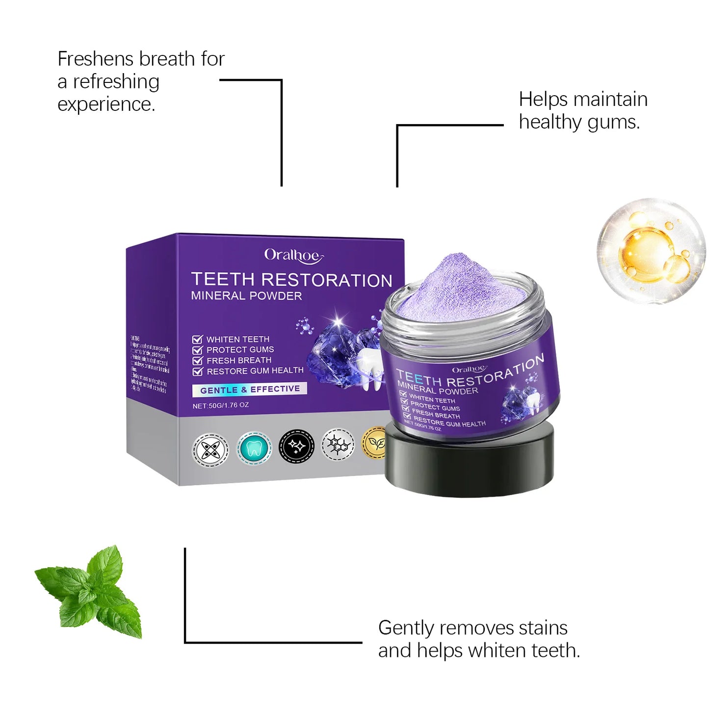 Teeth Restoration Mineral Powder Teeth Whitening Remove Stain Oral Clean Fresh Breath Improve Smell Purple Bleaching Toothpaste