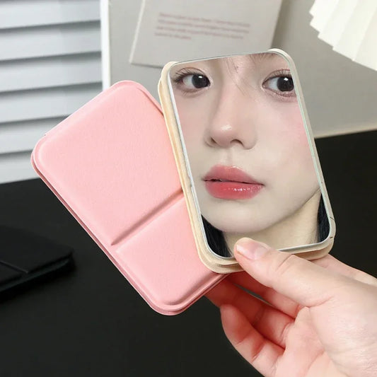 3Color Desktop Make Up Mirrors PU Leather Simple Portable Handheld Makeup Mirror Foldable Student Compact Cute Pocket Mirror New
