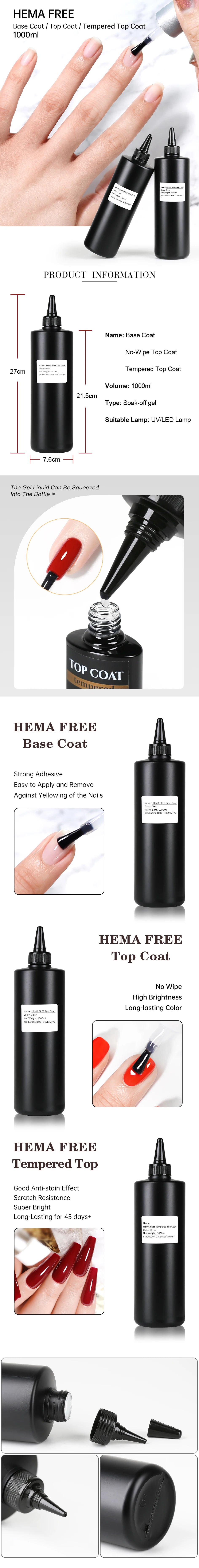 1000ML Super Shiny HEMA FREE Top Coat Base Coat Nail Art Gel Varnish Semi Permanent No Wipe UV Gel Varnish Clear Tempered Top